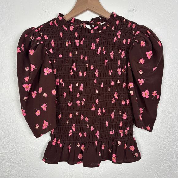 Wayf Hart Floral Smocked Ruffle Top in Mocha Falling Floral NWT Size XS - Picture 2 of 5